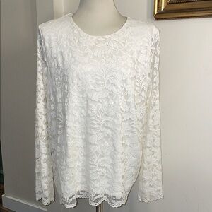 Ellen Tracy Long Sleeve Cream Lace Overlay Shirt. SZ XXL.  Lined.  Sheer sleeve